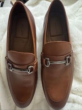 Aldo Men's Brown Leather Bit Loafers with Silver Hardware